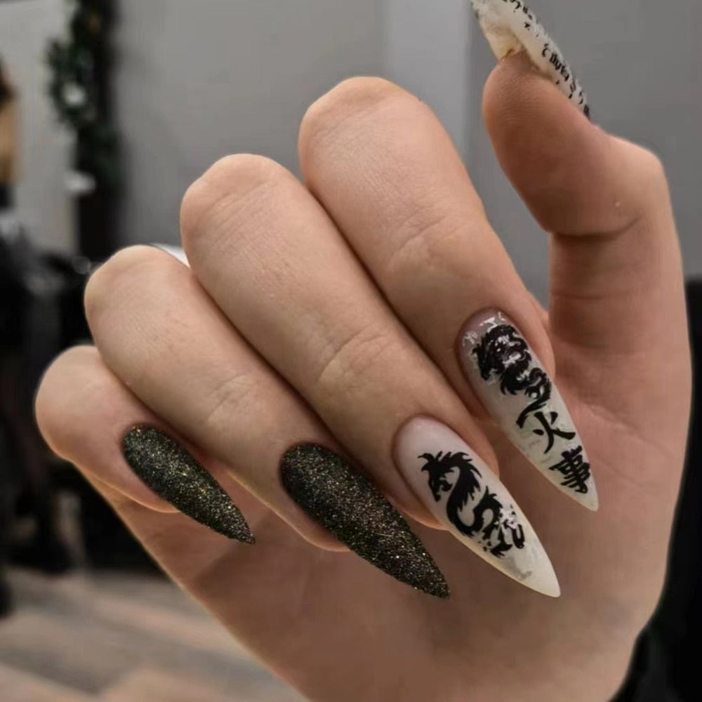 24pc/Box press on nails halloween Dark black Punk Ghost head tip nail pre design acrylic nail tip Full Cover Fake Nail A3
