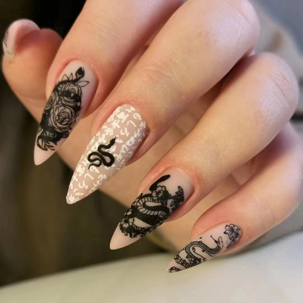 24pc/Box press on nails halloween Dark black Punk Ghost head tip nail pre design acrylic nail tip Full Cover Fake Nail A4