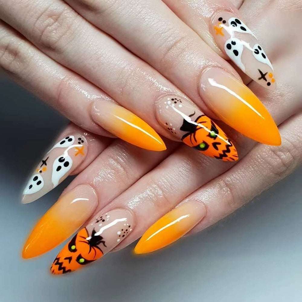 24pc/Box press on nails halloween Dark black Punk Ghost head tip nail pre design acrylic nail tip Full Cover Fake Nail B2