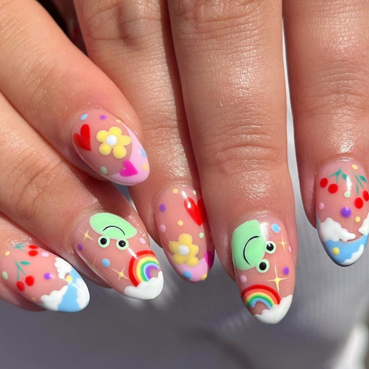 24pc Wearable Almond false nails with colorful rainbow design French ballet press on nails short artificial fake nails with glue SN009