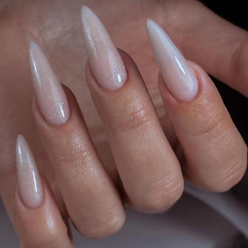 24pc detachable long Stiletto fake nails with Glitter designs french false nails with glue artificial press on nails almond long 838