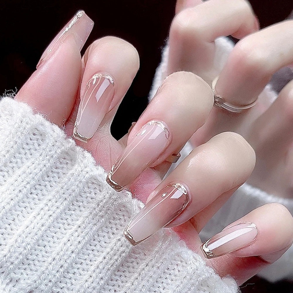 24pcs 2024 Ballet False Nail Full Cover Fake Nail Butterfly Love Nails Tip French Coffin Nails Press on Nails CY314