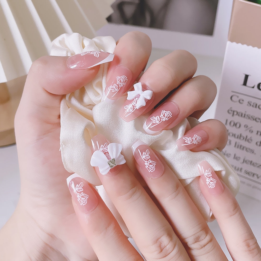 24pcs 2024 Ballet False Nail Full Cover Fake Nail Butterfly Love Nails Tip French Coffin Nails Press on Nails