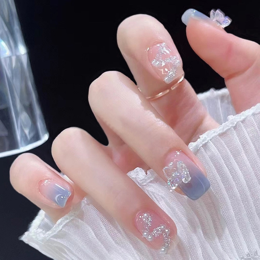 24pcs 2024 Ballet False Nail Full Cover Fake Nail Butterfly Love Nails Tip French Coffin Nails Press on Nails DZ090