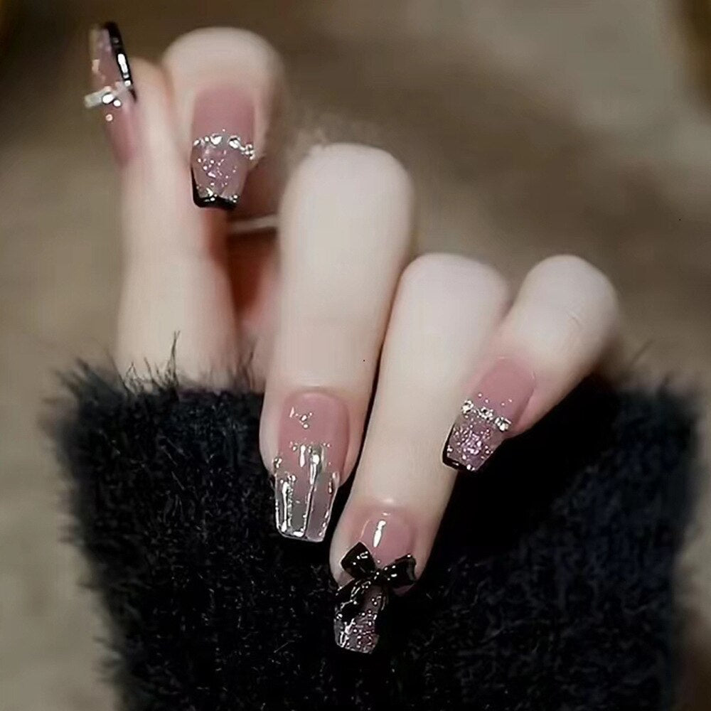 24pcs 2024 Ballet False Nail Full Cover Fake Nail Butterfly Love Nails Tip French Coffin Nails Press on Nails DZ072