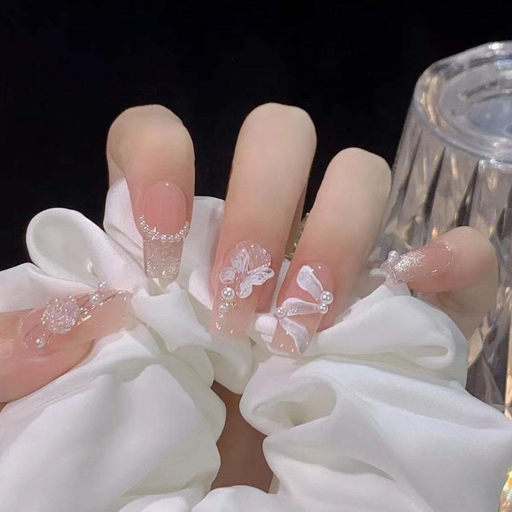24pcs 2024 Ballet False Nail Full Cover Fake Nail Butterfly Love Nails Tip French Coffin Nails Press on Nails CZ078