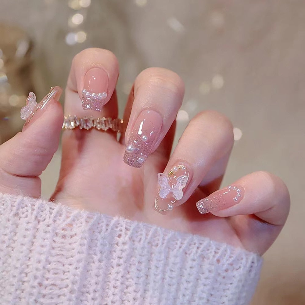 24pcs 2024 Ballet False Nail Full Cover Fake Nail Butterfly Love Nails Tip French Coffin Nails Press on Nails