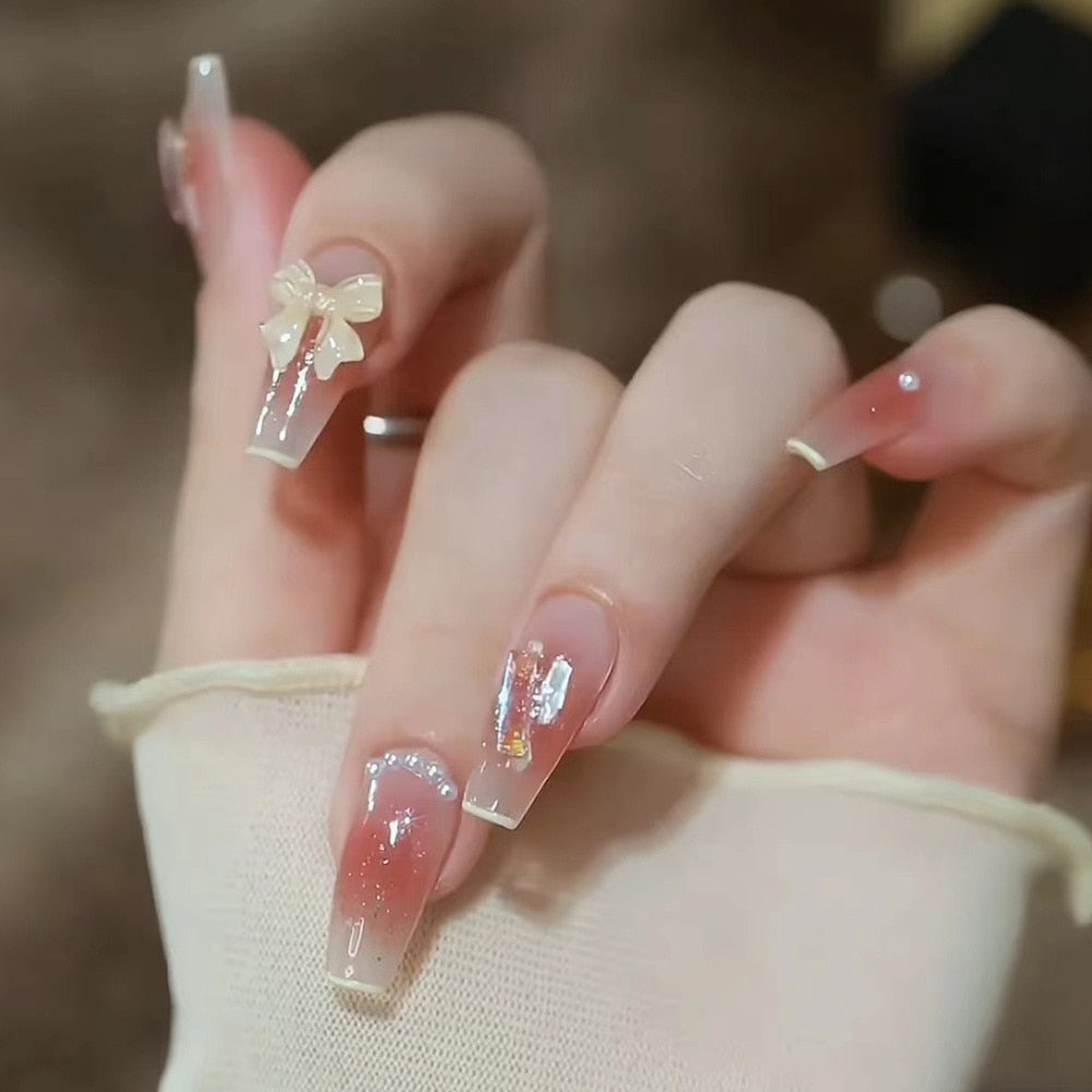 24pcs 2024 Ballet False Nail Full Cover Fake Nail Butterfly Love Nails Tip French Coffin Nails Press on Nails CZ021