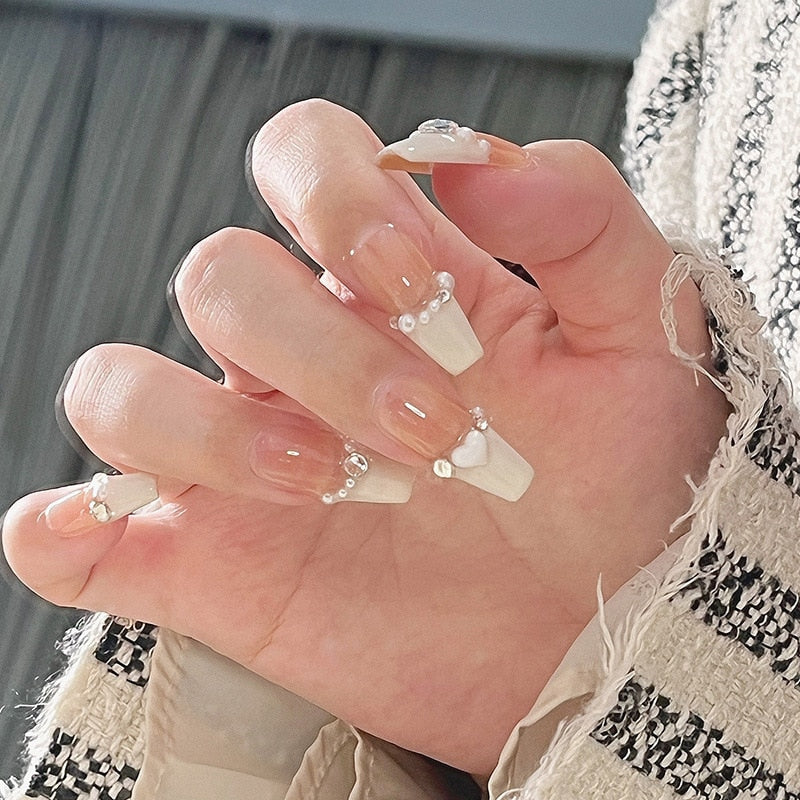 24pcs 2024 Ballet False Nail Full Cover Fake Nail Butterfly Love Nails Tip French Coffin Nails Press on Nails CZ070