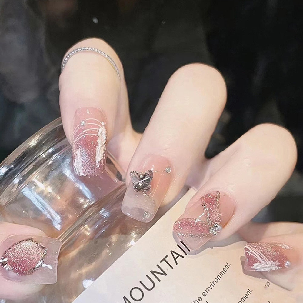 24pcs 2024 Ballet False Nail Full Cover Fake Nail Butterfly Love Nails Tip French Coffin Nails Press on Nails DZ187