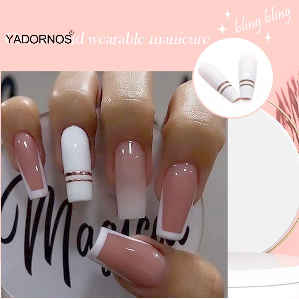 24pcs Ballerina Fake Nail DIY Gradient Pink and White Color French Full Cover Stick on Nail Patch Long Coffin False Nail Tips