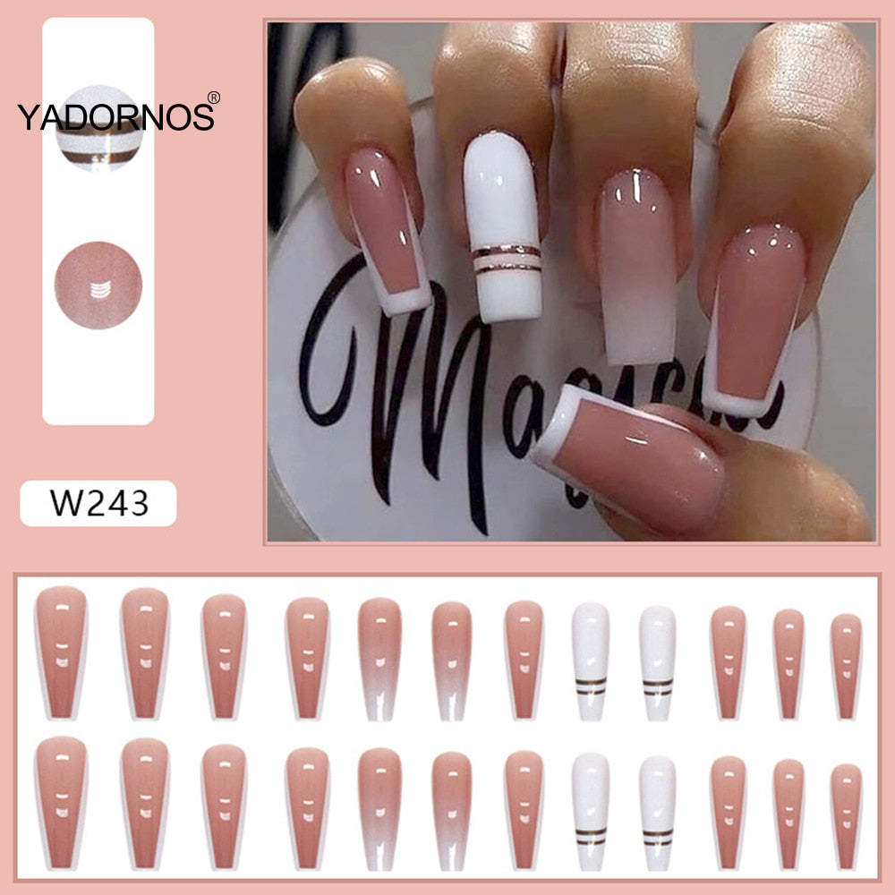 24pcs Ballerina Fake Nail DIY Gradient Pink and White Color French Full Cover Stick on Nail Patch Long Coffin False Nail Tips 1