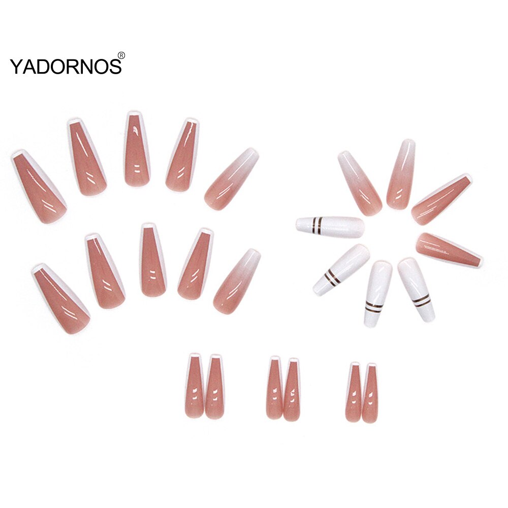 24pcs Ballerina Fake Nail DIY Gradient Pink and White Color French Full Cover Stick on Nail Patch Long Coffin False Nail Tips
