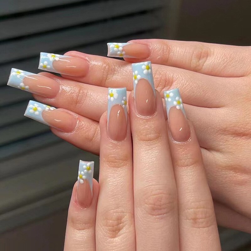 24pcs/Box Long T Handmade Valentine's Day French Flame Wave Love With Diamond False Nail Enhancement Waterproof Gel Fake Nails AMAIO