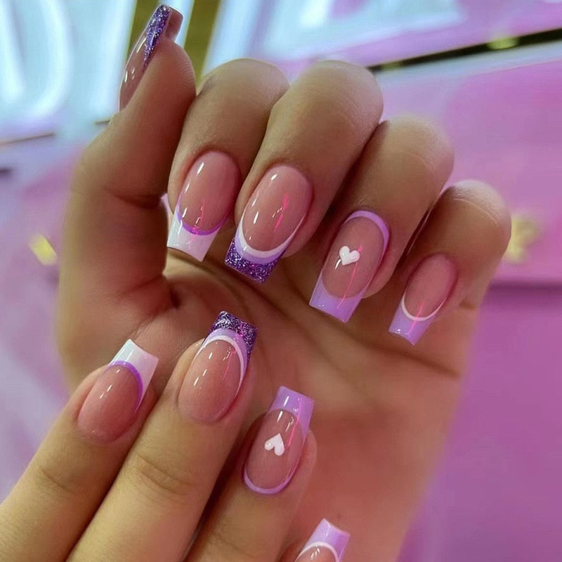 24pcs/Box Long T Handmade Valentine's Day French Flame Wave Love With Diamond False Nail Enhancement Waterproof Gel Fake Nails AMAIO