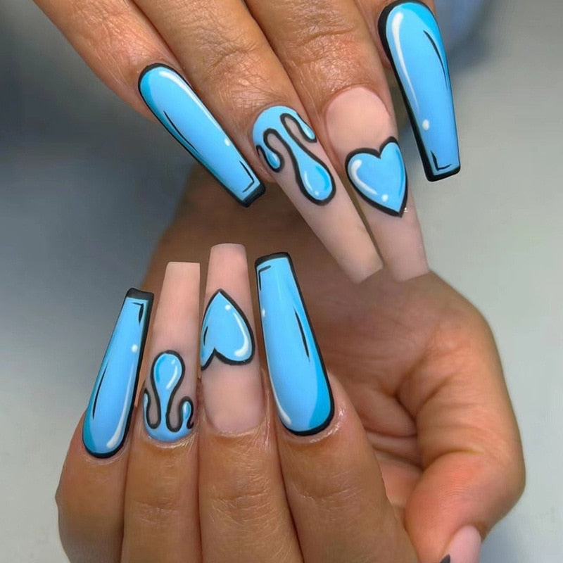 24pcs/Box Long T Handmade Valentine's Day French Flame Wave Love With Diamond False Nail Enhancement Waterproof Gel Fake Nails AMAIO