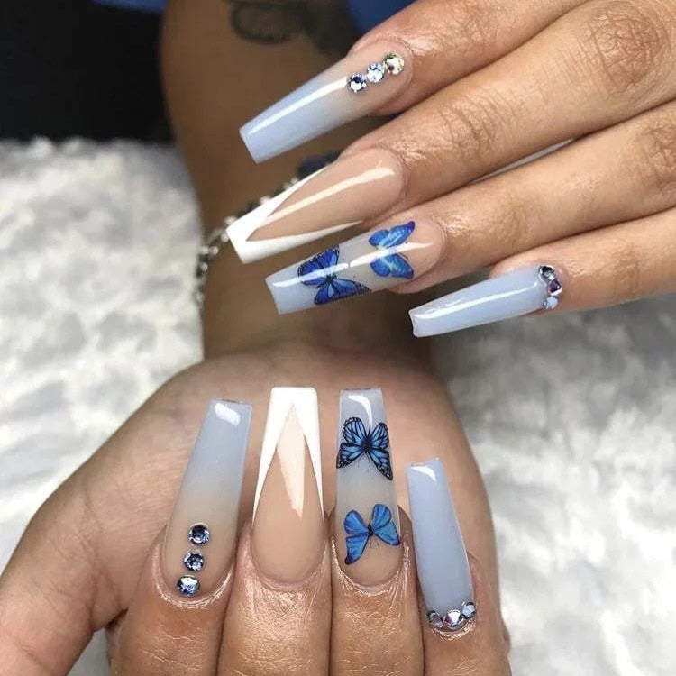 24pcs/Box Long T Handmade Valentine's Day French Flame Wave Love With Diamond False Nail Enhancement Waterproof Gel Fake Nails AMAIO