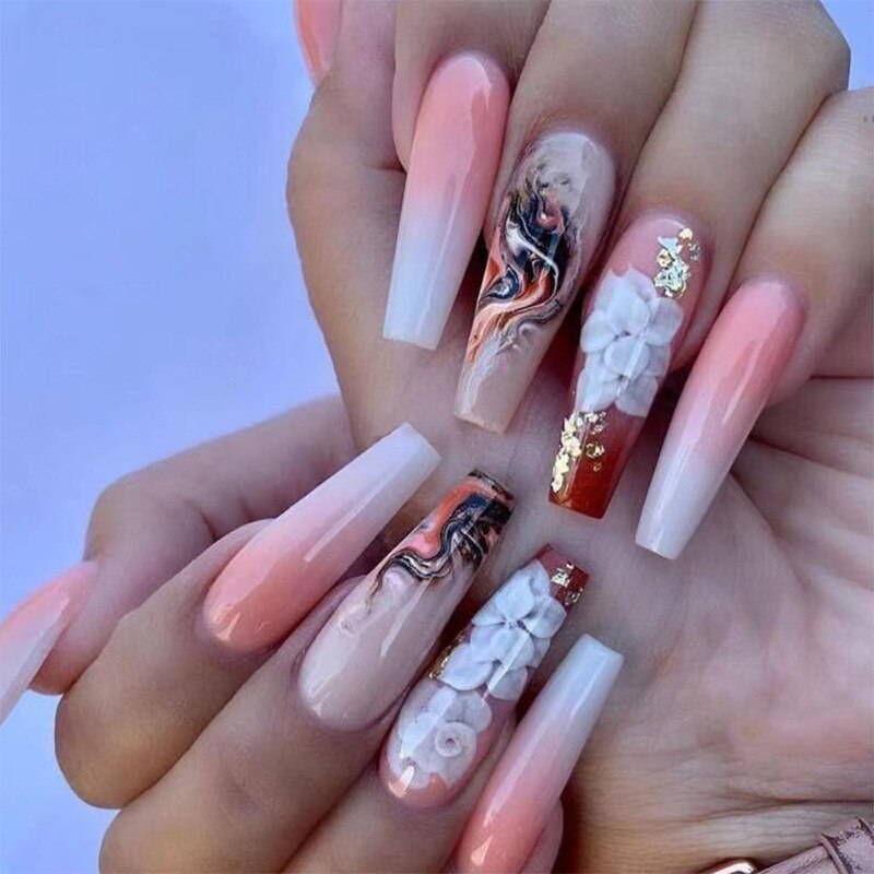 24pcs/Box Long T Handmade Valentine's Day French Flame Wave Love With Diamond False Nail Enhancement Waterproof Gel Fake Nails AMAIO