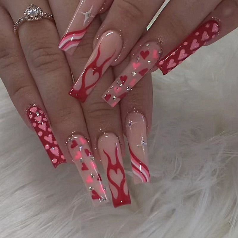 24pcs/Box Long T Handmade Valentine's Day French Flame Wave Love With Diamond False Nail Enhancement Waterproof Gel Fake Nails AMAIO