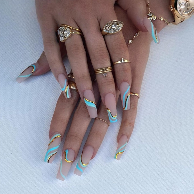 24pcs/Box Long T Handmade Valentine's Day French Flame Wave Love With Diamond False Nail Enhancement Waterproof Gel Fake Nails AMAIO