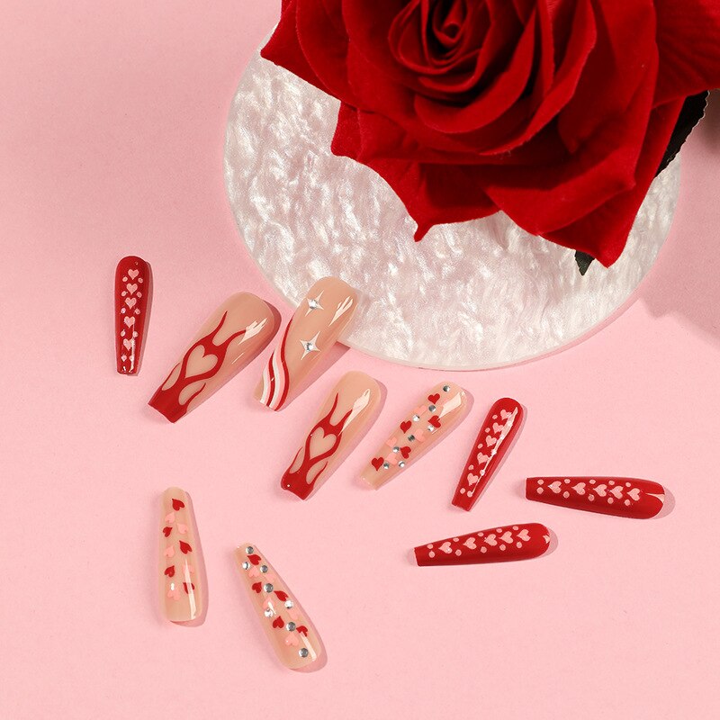 24pcs/Box Long T Handmade Valentine's Day French Flame Wave Love With Diamond False Nail Enhancement Waterproof Gel Fake Nails AMAIO
