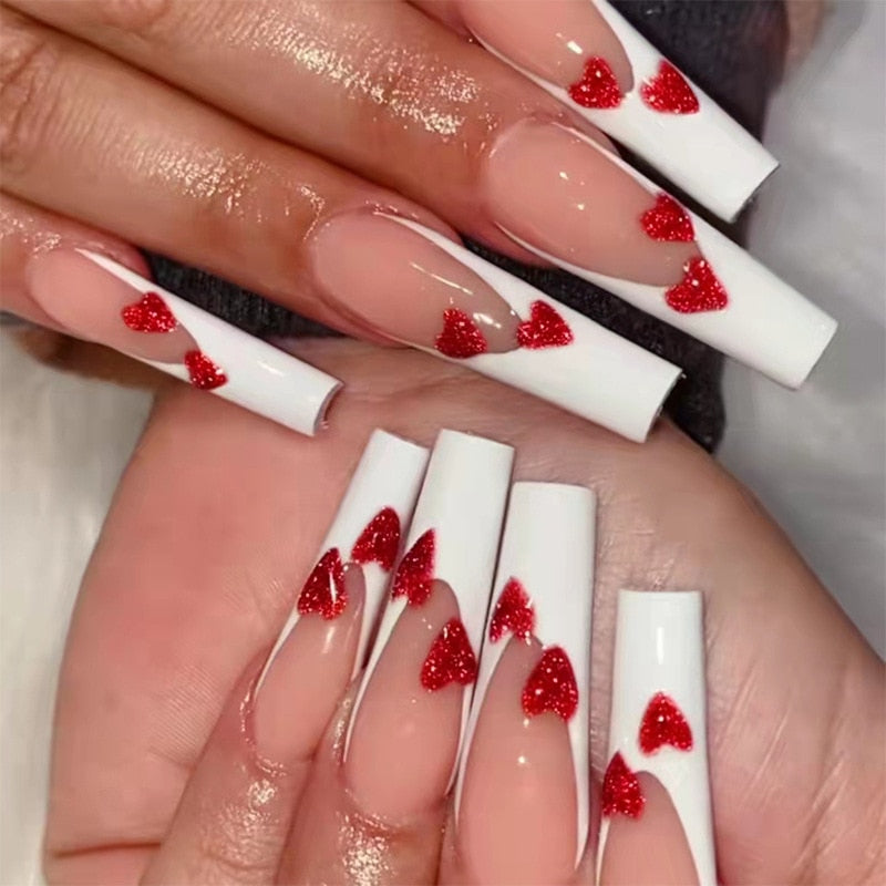 24pcs/Box Long T Handmade Valentine's Day French Flame Wave Love With Diamond False Nail Enhancement Waterproof Gel Fake Nails AMAIO