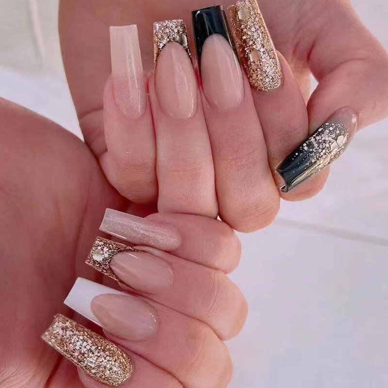 24pcs/Box Long T Handmade Valentine's Day French Flame Wave Love With Diamond False Nail Enhancement Waterproof Gel Fake Nails AMAIO