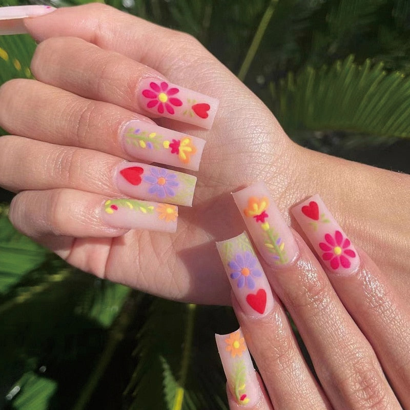 24pcs/Box Long T Handmade Valentine's Day French Flame Wave Love With Diamond False Nail Enhancement Waterproof Gel Fake Nails AMAIO