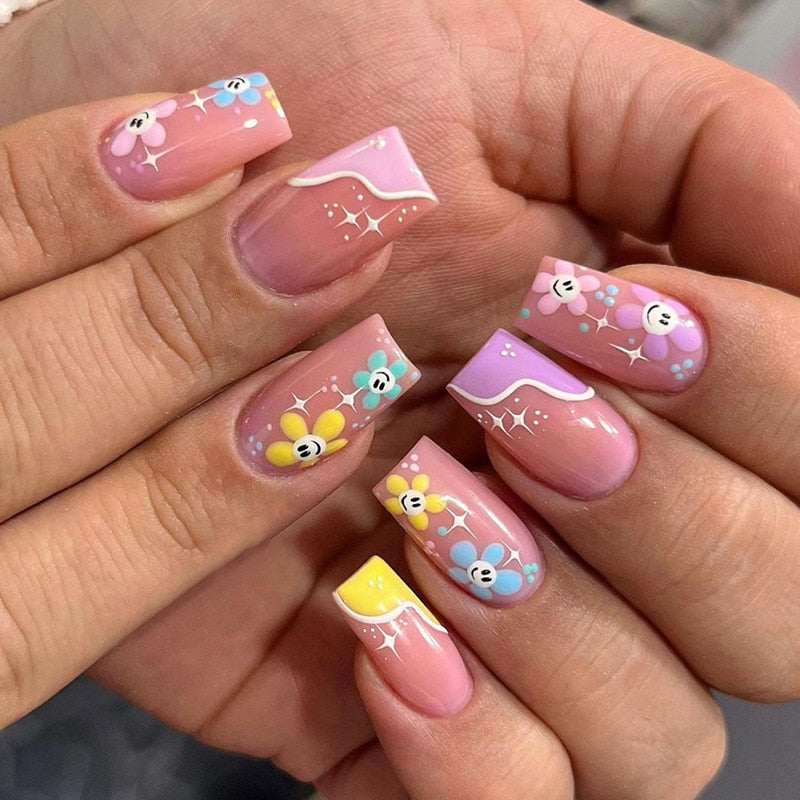 24pcs/Box Long T Handmade Valentine's Day French Flame Wave Love With Diamond False Nail Enhancement Waterproof Gel Fake Nails AMAIO