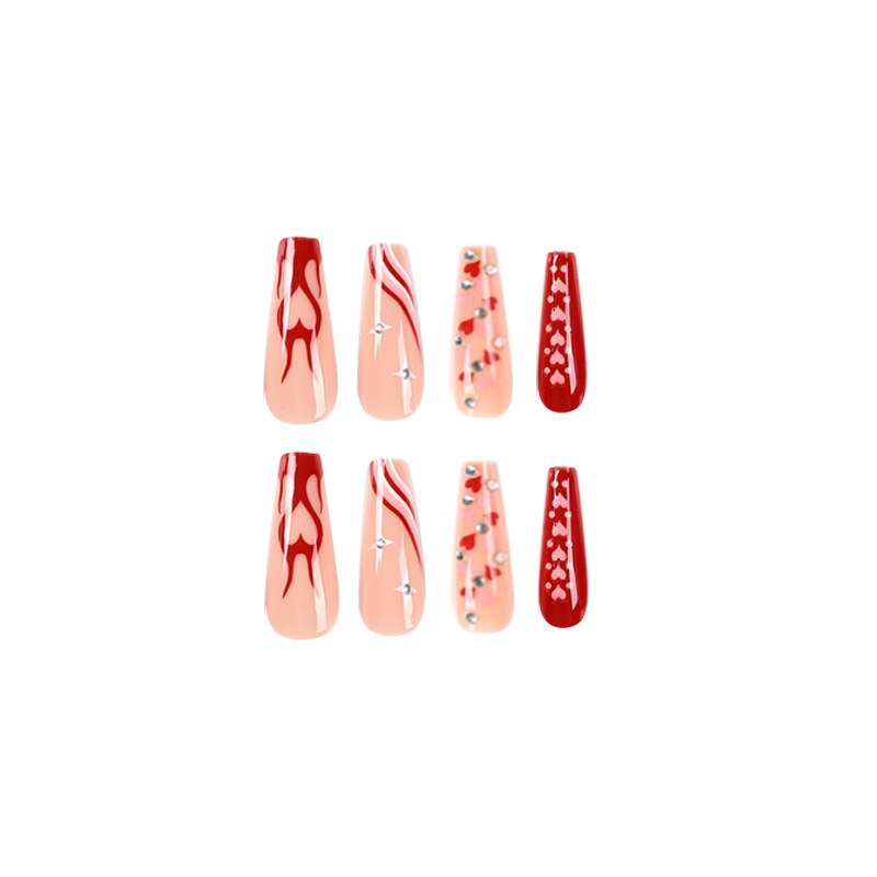 24pcs/Box Long T Handmade Valentine's Day French Flame Wave Love With Diamond False Nail Enhancement Waterproof Gel Fake Nails AMAIO