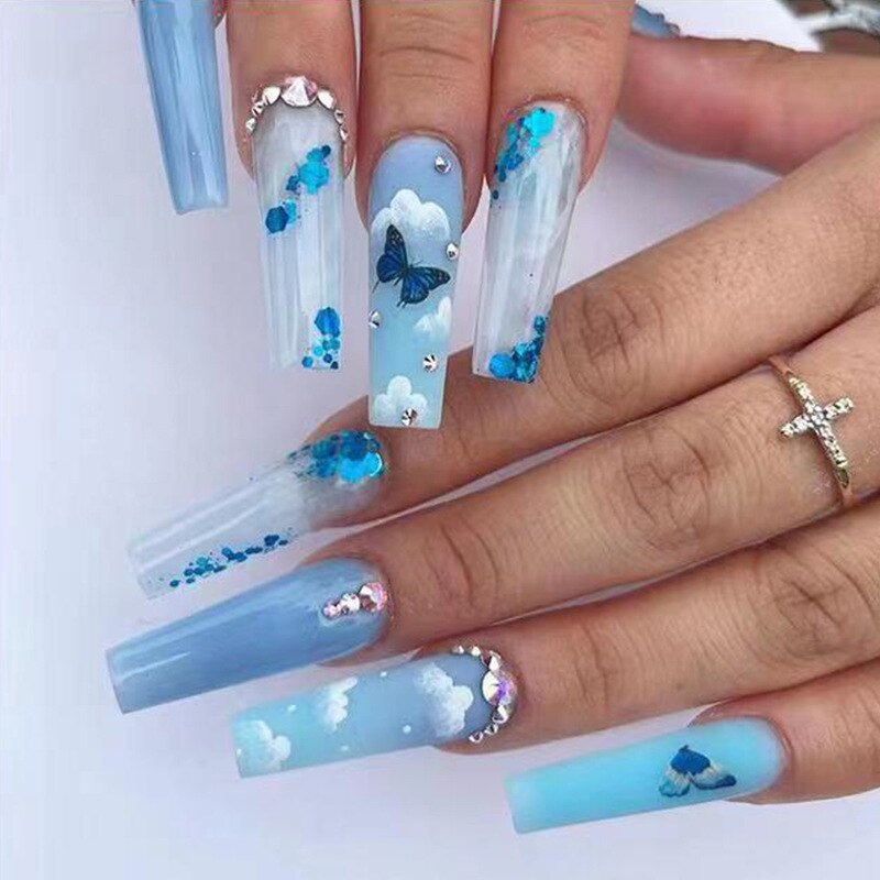 24pcs/Box Long T Handmade Valentine's Day French Flame Wave Love With Diamond False Nail Enhancement Waterproof Gel Fake Nails AMAIO