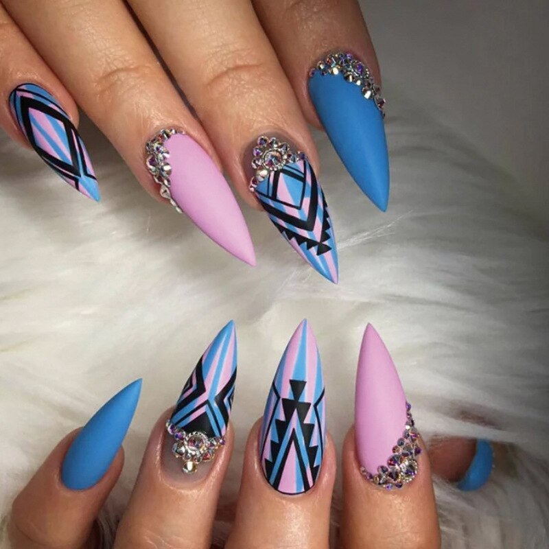 24pcs/Box Long T Handmade Valentine's Day French Flame Wave Love With Diamond False Nail Enhancement Waterproof Gel Fake Nails AMAIO