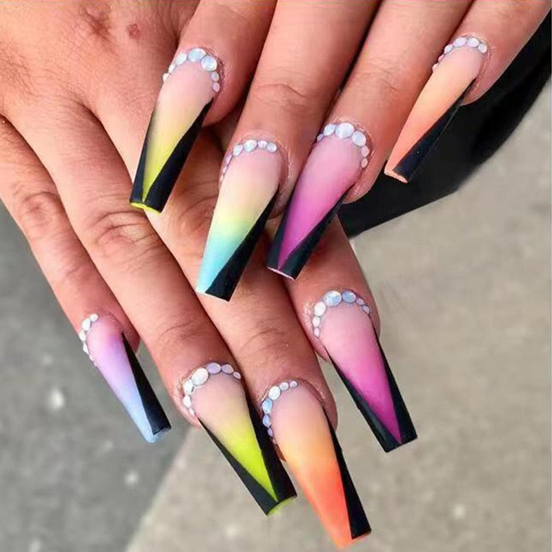 24pcs/Box Long T Handmade Valentine's Day French Flame Wave Love With Diamond False Nail Enhancement Waterproof Gel Fake Nails AMAIO