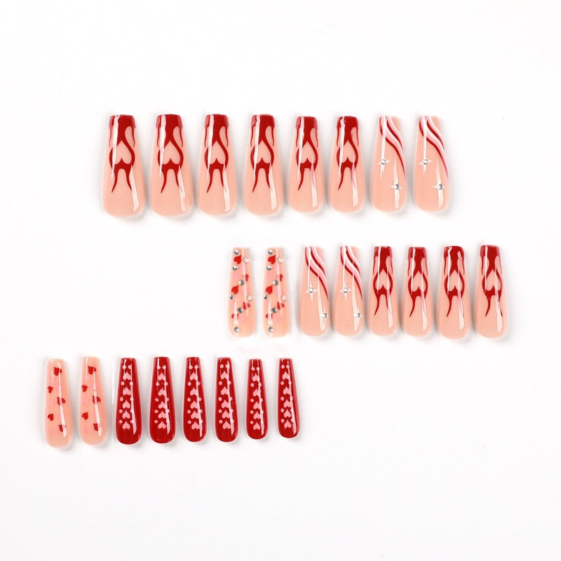 24pcs/Box Long T Handmade Valentine's Day French Flame Wave Love With Diamond False Nail Enhancement Waterproof Gel Fake Nails AMAIO