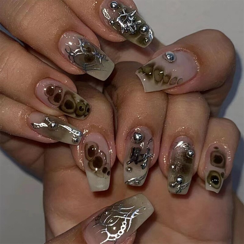 24pcs/Box Long T Handmade Valentine's Day French Flame Wave Love With Diamond False Nail Enhancement Waterproof Gel Fake Nails AMAIO
