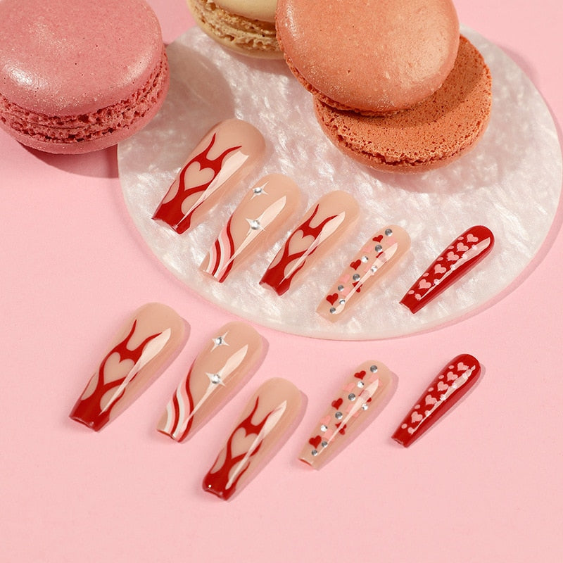 24pcs/Box Long T Handmade Valentine's Day French Flame Wave Love With Diamond False Nail Enhancement Waterproof Gel Fake Nails AMAIO