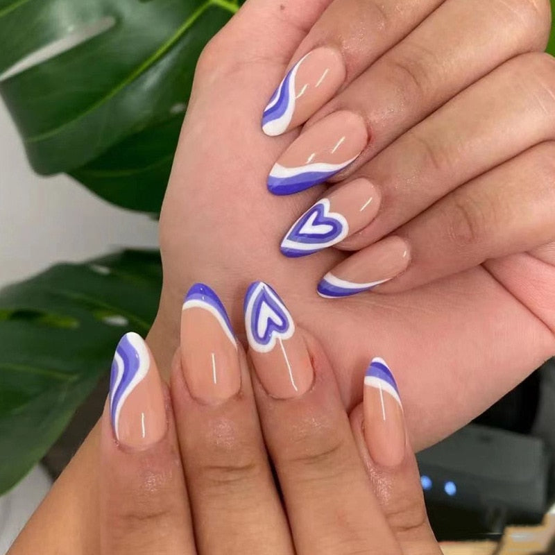 24pcs/Box Long T Handmade Valentine's Day French Flame Wave Love With Diamond False Nail Enhancement Waterproof Gel Fake Nails AMAIO