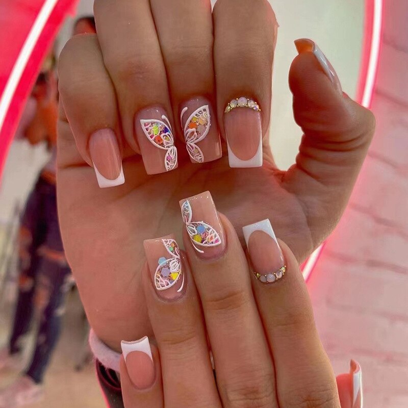 24pcs/Box Long T Handmade Valentine's Day French Flame Wave Love With Diamond False Nail Enhancement Waterproof Gel Fake Nails AMAIO
