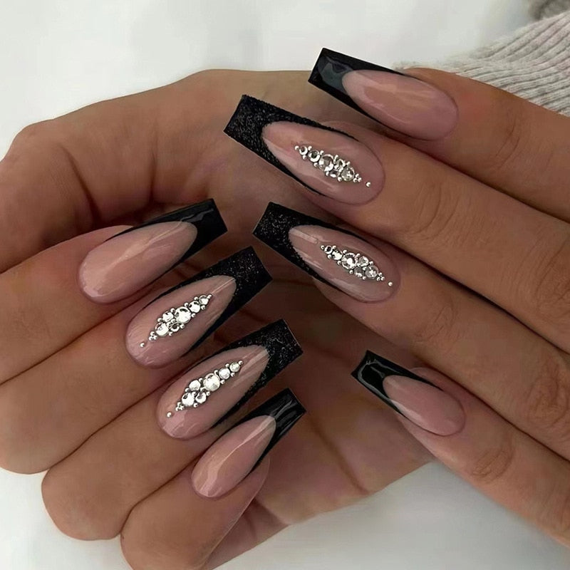 24pcs/Box Long T Handmade Valentine's Day French Flame Wave Love With Diamond False Nail Enhancement Waterproof Gel Fake Nails AMAIO