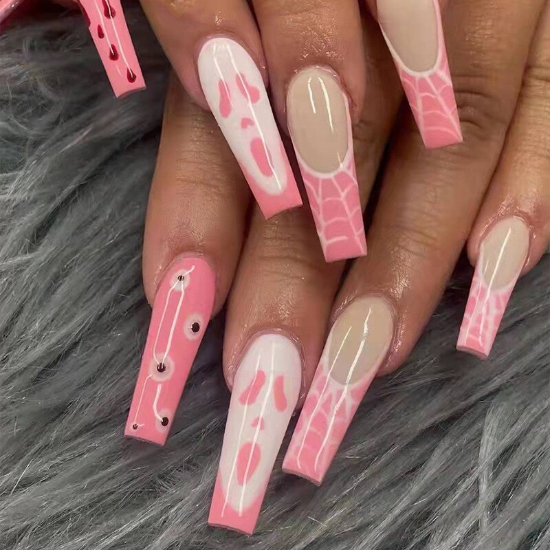 24pcs/Box Long T Handmade Valentine's Day French Flame Wave Love With Diamond False Nail Enhancement Waterproof Gel Fake Nails AMAIO
