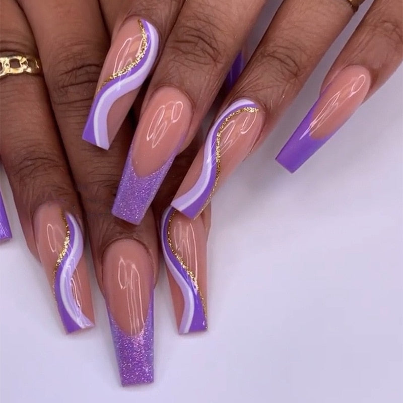 24pcs/Box Long T Handmade Valentine's Day French Flame Wave Love With Diamond False Nail Enhancement Waterproof Gel Fake Nails AMAIO