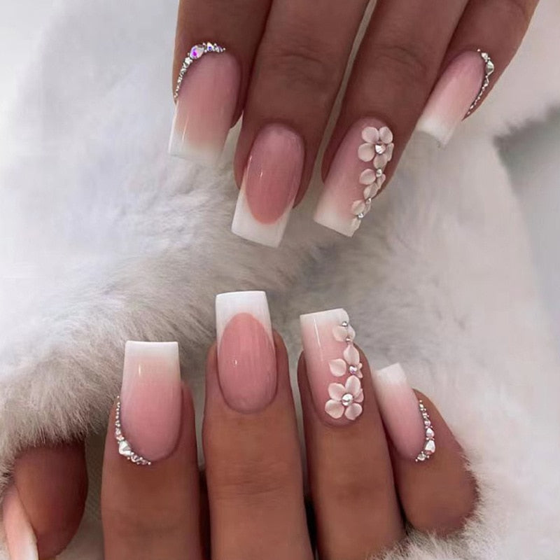 24pcs/Box Long T Handmade Valentine's Day French Flame Wave Love With Diamond False Nail Enhancement Waterproof Gel Fake Nails AMAIO