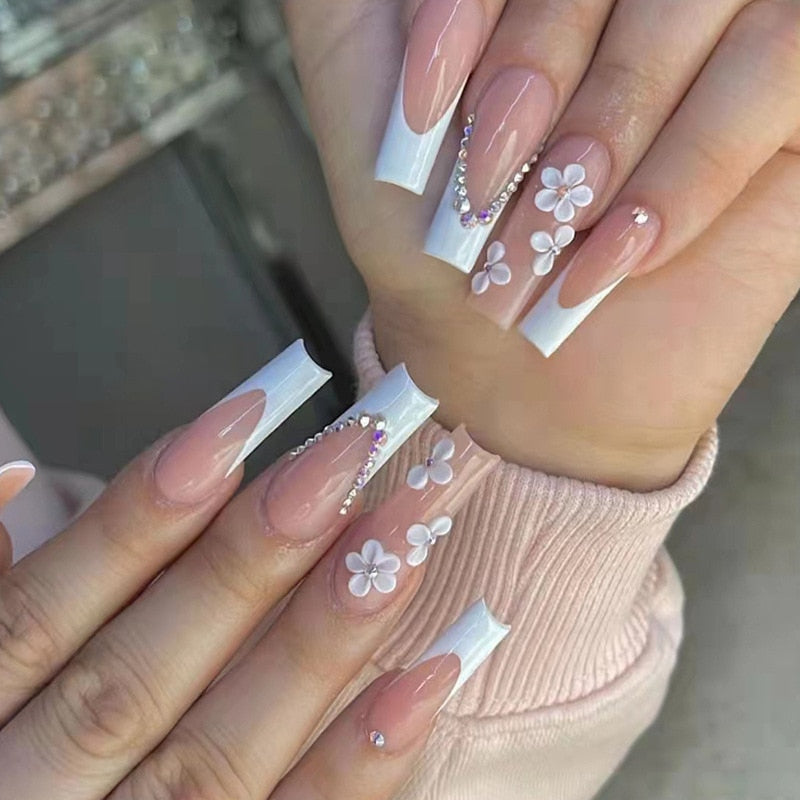 24pcs/Box Long T Handmade Valentine's Day French Flame Wave Love With Diamond False Nail Enhancement Waterproof Gel Fake Nails AMAIO
