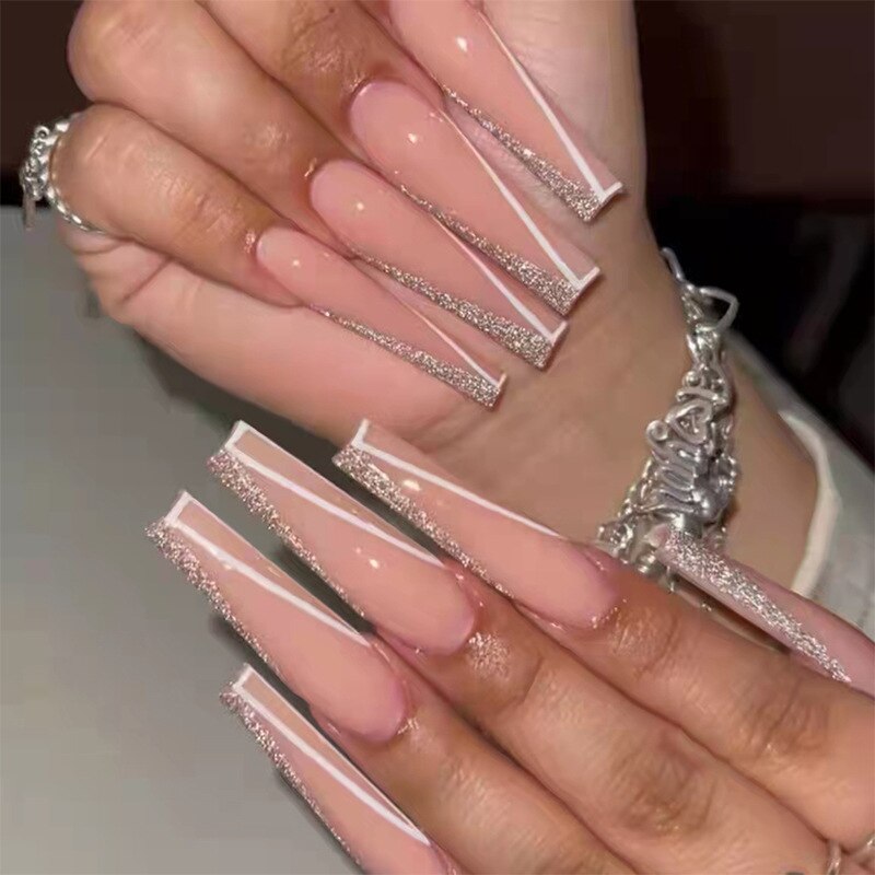 24pcs/Box Long T Handmade Valentine's Day French Flame Wave Love With Diamond False Nail Enhancement Waterproof Gel Fake Nails AMAIO