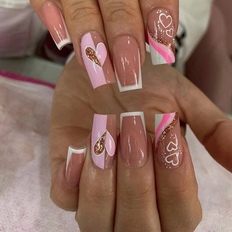 24pcs/Box Long T Handmade Valentine's Day French Flame Wave Love With Diamond False Nail Enhancement Waterproof Gel Fake Nails AMAIO