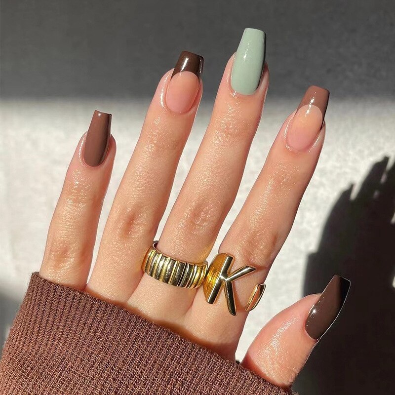 24pcs Coffin False Nails Glitter Rainbow Flowers Press on Nail Patch Short Manicure Nail Tips False Nail Acrylic Patch wholesale J2