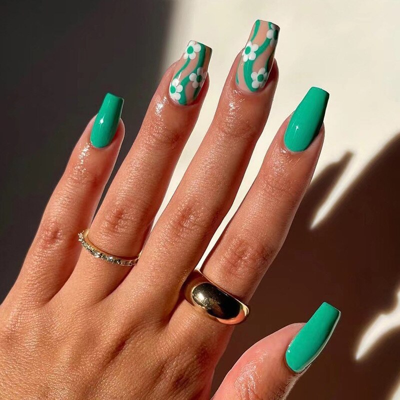 24pcs Coffin False Nails Glitter Rainbow Flowers Press on Nail Patch Short Manicure Nail Tips False Nail Acrylic Patch wholesale J6