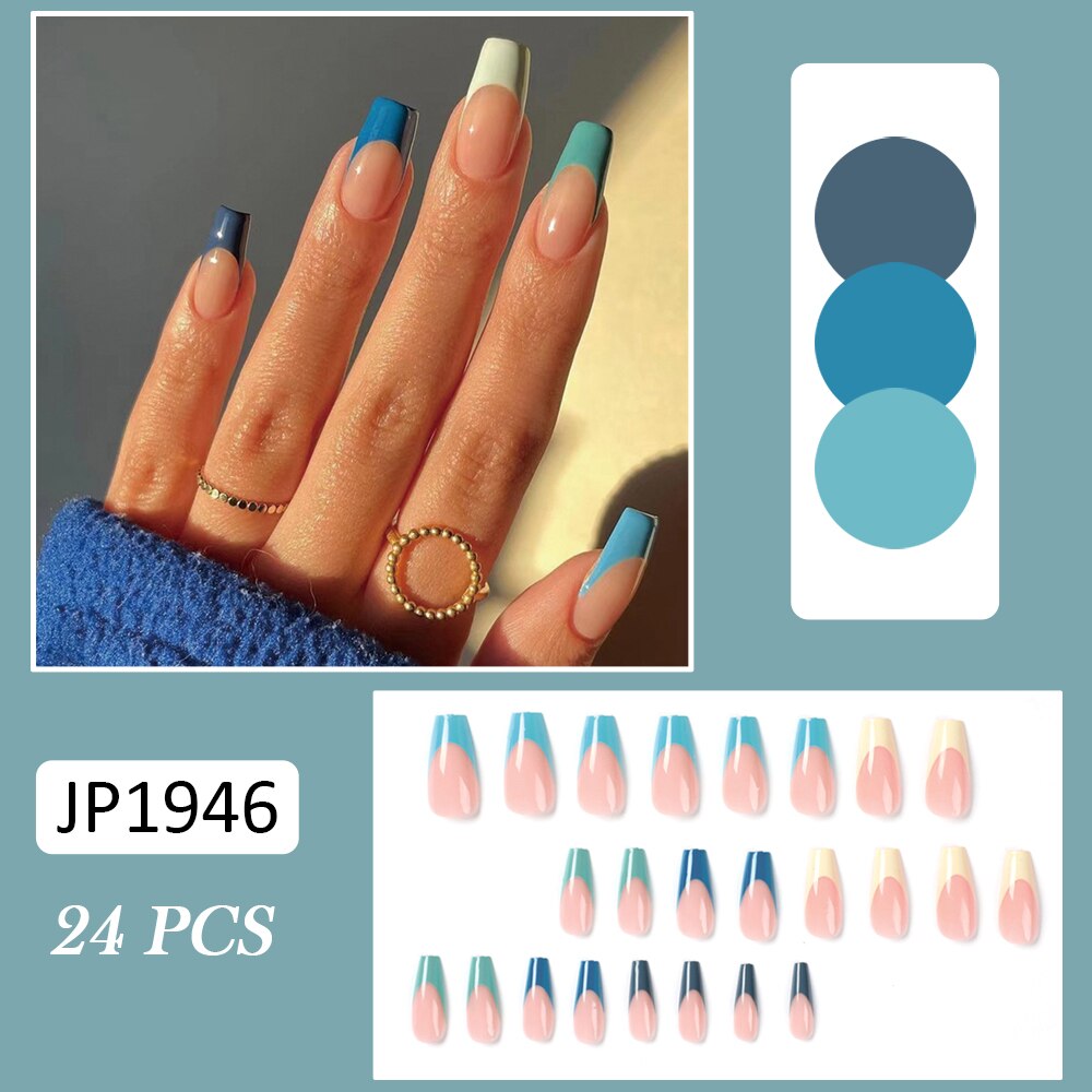 24pcs Coffin False Nails Glitter Rainbow Flowers Press on Nail Patch Short Manicure Nail Tips False Nail Acrylic Patch wholesale J8