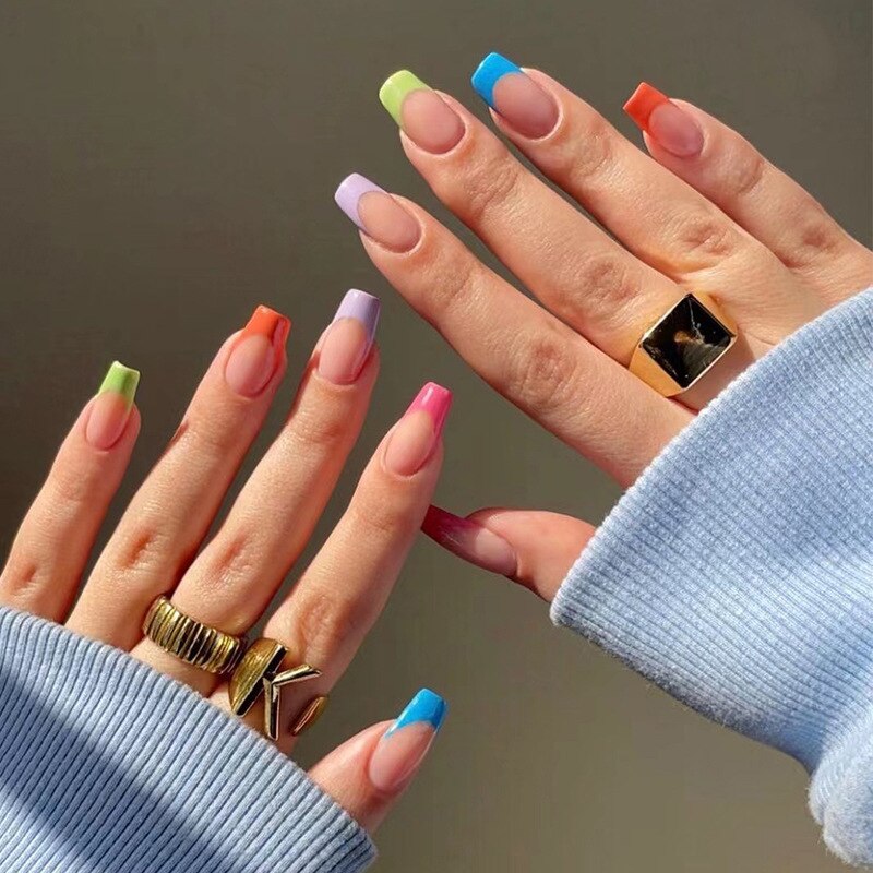 24pcs Coffin False Nails Glitter Rainbow Flowers Press on Nail Patch Short Manicure Nail Tips False Nail Acrylic Patch wholesale J11