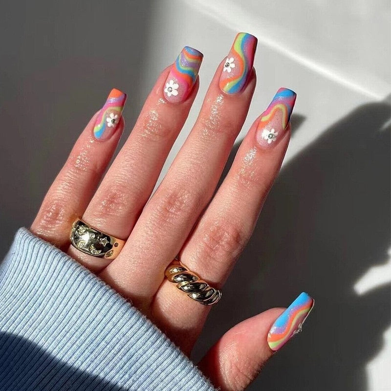 24pcs Coffin False Nails Glitter Rainbow Flowers Press on Nail Patch Short Manicure Nail Tips False Nail Acrylic Patch wholesale J1
